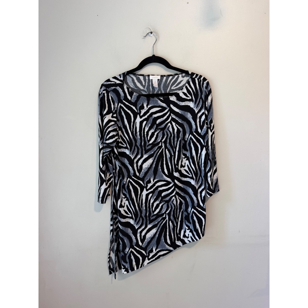 Chicos Zebra Print Asymmetric Tunic Top Black White 3/4 Sleeve Size 1 M